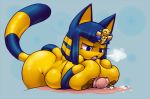 1girl after_sex animal_crossing ankha ankha_(animal_crossing) annoyed anthro anthrofied areola bent_over big_breasts black_nose blue_background blue_eyes blue_fur blue_hair breast_squish breasts breath cat cum cum_on_self cum_on_stomach cum_string duo erect_nipples eyelashes faceless_male feline fur gold_nipples hair half-closed_eyes hand_on_breast huge_breasts human humanoid_penis male male/female mammal nintendo nipples nude open_mouth overweight paizuri penis premature_ejaculation sex sigh simple_background slightly_chubby solo_focus teckworks teeth unwanted_cumshot video_games yellow_fur yellow_nipples