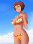 1_girl 1girl big_breasts bikini blue_sky breasts brown_hair candela candela_(pokemon) cleavage cowboy_shot dark-skinned_female dark_skin day daytime highres huge_breasts large_breasts looking_at_viewer navel orange_bikini pokemon pokemon_(game) pokemon_go short_hair sky solo standing swimsuit yellow_eyes yutori_roriron