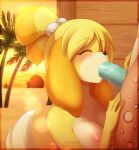 1girl animal_crossing anthro balls beach blush bodily_fluids breasts canid canine canis closed_eyes domestic_dog duo erection fellatio female_focus fur furry genitals gforce hair isabelle_(animal_crossing) male male/female mammal nintendo nipples nude open_mouth oral outside penile penis saliva seaside sex shih_tzu solo_focus toy_dog video_games yellow_body yellow_fur