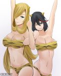 2_girls ;) arm_up big_breasts bikini breasts cosplay crossover cynthia falkeart female female_only hair_over_one_eye huge_breasts kill_la_kill lum_(cosplay) matoi_ryuuko multiple_girls pokemon pokemon_(game) pokemon_dppt shirona_(pokemon) urusei_yatsura wink