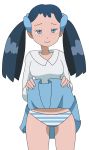  blue_eyes blue_hair blue_panties blush horizontal-striped_panties long_hair panties pokemon pokemon_(anime) pokemon_xy porkyman simple_background skirt_lift smile striped_panties swanna_girl twintails white_background 