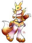 1_anthro 1_female 1_girl 2017 anthro anthro_canine anthro_fox anthro_vixen big_breasts blue_eyes breasts canine clothed clothing digimon english_text female female_anthro female_only female_renamon fingerless_gloves fur furry gloves high_res jalle looking_at_viewer purple_fur renamon shorts solo standing toei_animation two_tone_fur white_fur wide_hips yellow_fur