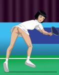  1_girl 1girl ass ben_10 black_hair bobsan brunette clothed female female_human female_only flashing human julie_yamamoto kneepits legs no_panties pussy short_black_hair short_hair skirt socks solo tennis_court tennis_outfit tennis_racket tennis_skirt tennis_uniform upskirt white_footwear white_outfit white_skirt white_socks 