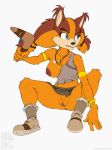 1girl 1girl 2017 annonguy anthro areola armband armpits badger boomerang bottomless breasts clitoral_hood clitoris clothed clothing erect_nipples footwear furry high_res holding_object jewelry mammal mustelid necklace nipples open_shirt pussy sega sonic_boom spread_legs spreading sticks_the_jungle_badger tyelle_niko