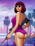  1girl ass bob_cut deviantart grand_theft_auto gun nail_polish palm_tree purple_fingernails purple_nails rifle solo swimsuit tree weapon 