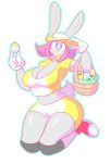  1girl 1girl anthro basket big_breasts blue_eyes breasts buckteeth clothing cute easter easter_eggs frannie_funbun fur furry gloves grey_fur hair holidays jumping lagomorph mammal navel pink_hair rabbit smile teeth theycallhimcake wide_hips 