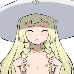  &gt;_&lt; bloggerman blush embarrassed game_freak hair_over_breasts lillie lillie_(pokemon) nintendo nipples non-english_tag pokemon pokemon_(anime) pokemon_(game) pokemon_(series) pokemon_sm small_breasts sweatdrop upper_body うごたまろ 