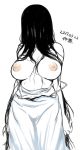 1girl 1girl 2017 areola bare_shoulders big_breasts black_hair breasts cowboy_shot dress hair_over_eyes hair_over_face long_hair nipples standing the_ring tsukudani_(coke-buta) very_long_hair white_background white_dress yamamura_sadako