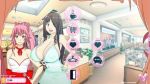 big_breasts breasts cleavage cup dress game grin heart hentai human indoors mug role-playing_game simulator smile v