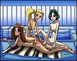 3_girls aroberts beach_towel blushing_ass bridgette_(tdi) cartoon_network gwen_(tdi) imminent_sex lotion multiple_girls nude poolside sunscreen suntan_lotion taylor_(the_ridonculous_race) total_drama_island towel yuri