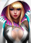 blonde_hair blue_eyes cleavage ghost_spider gwen_stacy marvel marvel_comics michellehoefener_(artist) spider-gwen spider-man_(series) tattoo