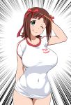 1girl ;) ;p absurd_res amami_haruka aqua_eyes arm_behind_head big_breasts breasts brown_hair collarbone cowboy_shot cute groin hair_ornament hair_ribbon hand_behind_head high_res idolmaster jabara_tornado looking_at_viewer navel no_bra no_panties one_eye_closed ribbon smile t-shirt tongue tongue_out wink