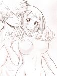 1boy 1girl big_breasts boku_no_hero_academia breasts grchloex huge_breasts kacchako katsuki_bakugo male/female monochrome my_hero_academia nipple_pinch nipple_tweak nude ochako_uraraka pulling_nipples