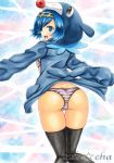 :d alternate_breast_size ass bra horizontal-striped_bra horizontal-striped_panties lana looking_back marker_(medium) navel panties pokemon pokemon_(anime) pokemon_(game) pokemon_sm popplio purple_bra purple_panties sideboob small_breasts smile striped_bra striped_panties suiren_(pokemon) takecha thighhighs traditional_media