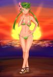 1girl bare_shoulders bikini breasts closed_mouth collarbone dark-skinned_female dark_skin error flower full_body green_bikini green_eyes green_hair green_hairband green_swimsuit hair_flower hair_ornament hairband high_res long_hair looking_at_viewer low_twintails mallow mallow_(pokemon) mao_(pokemon) medium_breasts midriff navel nocunoct pokemon pokemon_(game) pokemon_sm pose posing shiny shiny_skin standing sun sunset swimsuit tied_hair trial_captain twin_tails underboob very_long_hair