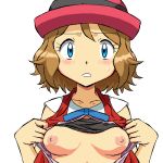 bloggerman blush embarrassed eyelashes game_freak looking_at_viewer medium_breasts nintendo non-english_tag pokemon pokemon_(anime) pokemon_xy serena serena_(pokemon) shirt_lift shirt_open small_breasts sweatdrop upper_body うごたまろ