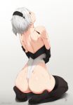 android artist_name ass back bare_shoulders black_gloves black_hairband black_legwear feet feguimel from_behind gloves hairband high_res kneel leotard nier:_automata nier_(series) short_hair silver_hair simple_background skindentation stockings white_leotard yorha_no._2_type_b