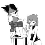  blindfold bottomless chair handjob leaf_(pokemon) monochrome panties panties_on_head penis pokemon pokemon_(game) pokemon_frlg porkyman red_(pokemon) strapped_in testicle tied_up 