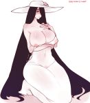 1girl absurdly_long_hair big_breasts black_eyes black_hair breasts buck-satan dress hair_over_one_eye hasshaku-sama hat kneel long_hair looking_at_viewer nipples original strap_slip white_dress