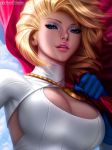 1girl beautiful big_breasts blonde_hair blue_eyes breasts cleavage clothed dc dc_comics looking_at_viewer makeup michellehoefener_(artist) non-nude power_girl smile