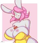 1girl anthro big_breasts blue_eyes breasts buckteeth bunny_costume cleavage clothed clothing cosplay cupcake food frannie_funbun fur furry grey_fur hair lagomorph long_ears looking_at_viewer mammal original original_character pink_hair rabbit standing stunsfw teeth tongue tongue_out wide_hips