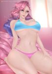 1girl alternate_version_at_source belly belly_button big_breasts blue_eyes bra breast_press breasts cleavage female_only grin k/da_all_out_series k/da_series league_of_legends lingerie long_hair looking_at_viewer navel oil oiled oiled_skin on_bed panties patreon pink_background pink_hair pink_panties presenting purple_hair riarfian seraphine_(league_of_legends) shiny_hair shiny_skin shorts sleeveless solo_female sports_bra thick_thighs thighs under_boob underwear