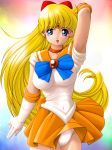 1_female 1_human 1girl bishoujo_senshi_sailor_moon blonde_hair blue_eyes cameltoe clothed earrings female female_human female_only gloves hair human human_only leotard long_hair looking_at_viewer makeup minako_aino panties ribbon sailor_venus serafuku skirt skirt_lift solo solo_female standing upskirt very_long_hair