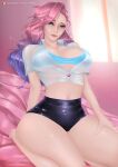 1girl alternate_version_at_source big_breasts blue_eyes breast_press breasts cleavage female_only grin k/da_all_out_series k/da_series league_of_legends looking_at_viewer navel on_bed patreon pink_background pink_hair purple_hair riarfian see-through_clothing see-through_top seraphine_(league_of_legends) shiny_hair shiny_skin shorts solo_female thick_thighs