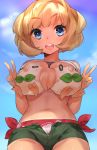 :d big_breasts blonde blonde_hair double_v happy looking_at_viewer moon_(pokemon) moon_(trainer) pokemon pokemon_(game) pokemon_sm porkyman rowlet short_hair smile underboob v