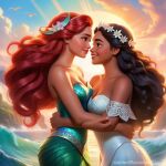 2_girls alternate_costume black_hair couple crossover dark-skinned_female dark_skin disney disney_princess duo eye_contact female_only grin interracial interracial_yuri long_hair looking_at_another love moana_(disney) moana_waialiki multiple_girls mutual_yuri princess princess_ariel red_hair romantic romantic_couple smile the_little_mermaid the_little_mermaid_(1989_film) yuri