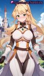 1girl 2025 ai_generated anime anime_style armor ass_visible_through_thighs bangs belt big_breasts black_gloves blonde_hair blue_sky blush bodysuit braid breasts bust cameltoe castle closed_mouth cloud covered_nipples cowboy_shot darkness_(konosuba) day faulds female_focus female_only female_solo floating_hair gloves green_eyes hair_ornament hentai high_quality high_res high_resolution kono_subarashii_sekai_ni_shukufuku_wo! long_hair looking_at_viewer natsuyoru outside patreon pauldrons ponytail pussy_juice pussy_juice_drip_through_clothes pussy_juice_trail shoulder_armor sky smile solo_female stable_diffusion standing thigh_gap very_long_hair voluptuous voluptuous_female x_hair_ornament