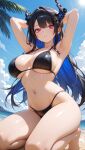 1girl ai_generated beach big_breasts bikini black_bikini black_hair blue_eyes breasts female_only hair_accessory hair_ornament hands_behind_head hololive hololive_english horns multicolored_hair nerissa_ravencroft outside pink_eyes ringoame solo_female virtual_youtuber vtuber