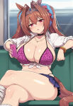  ai_generated artist_request bare_thighs big_breasts bikini brown_hair cheetah_print crossed_legs daiwa_scarlet_(umamusume) gyaru holding_phone horse_ears horse_girl horse_tail huge_breasts huge_thighs light-skinned_female light_skin long_hair looking_at_viewer massive_breasts phone pink_eyes school_uniform schoolgirl solo_female squatting sweat sweatdrop thick_body thick_female thick_thighs thighs twin_tails umamusume umamusume_pretty_derby voluptuous voluptuous_female 