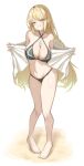 1girl 1girl alluring big_breasts bikini black_bikini blonde_hair cleavage core_crystal_(xenoblade) criss-cross_halter full_body grin halterneck high_res holding holding_towel long_hair looking_at_viewer mythra navel okazu2010015 simple_background smile swept_bangs swimsuit towel xenoblade_(series) xenoblade_chronicles_2 yellow_eyes