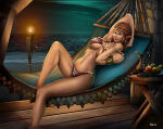 1girl alluring bare_legs big_breasts bikini blue_eyes brown_hair earrings felox08 food fruit hammock long_hair looking_at_viewer midriff navel night nintendo ocean outside princess_zelda purple_bikini purple_swimsuit swimsuit the_legend_of_zelda the_legend_of_zelda:_twilight_princess tiara torch twilight_princess water