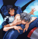 2_boys 69 69_position bludwing brown_hair kaworu_nagisa naughty_face neon_genesis_evangelion penis_lick plugsuit shinji_ikari white_hair yaoi