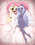 2_girls alluring angel angel_wings arm_over_head barefoot blonde_female blonde_hair blonde_hair_female blue_eyes blue_sclera charlie_morningstar charlie_morningstar_(hazbin_hotel) crown demon_girl emily_(hazbin_hotel) feet green_skin grey_body grey_hair grin hand_holding hand_over_head hazbin_hotel long_hair looking_at_viewer on_back on_bed open_mouth pale-skinned_female pale_skin pin-up pin_up pinup posing posing_for_the_viewer red_eyes slim_girl smile smiley_face smiling_at_viewer solo_female spellcaster_knight wings yellow_sclera