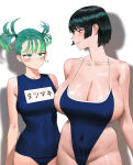 2_girls absurd_res alternate_costume bare_shoulders big_breasts blue_one-piece_swimsuit blunt_bangs blush breast_envy breasts cleavage closed_mouth collarbone commentary covered_navel fubuki_(one-punch_man) green_eyes green_hair high_res highleg highleg_one-piece_swimsuit looking_at_another meme mom_and_her_daughter_(meme) multiple_girls one-piece_swimsuit one-punch_man petite shadow shiny_skin short_hair short_twintails siblings sidelocks sisters small_breasts smile spaghetti_strap standing swimsuit symbol-only_commentary tatsumaki translation_request turning_head twin_tails white_background wonbin_lee