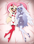 2_girls alluring angel angel_wings arm_over_head barefoot blonde_female blonde_hair blonde_hair_female blue_eyes blue_sclera charlie_morningstar charlie_morningstar_(hazbin_hotel) crown demon_girl emily_(hazbin_hotel) feet fingerless_gloves gloves green_skin grey_body grey_hair grin hand_holding hand_over_head hazbin_hotel lingerie long_gloves long_hair looking_at_viewer on_back on_bed open_mouth pale-skinned_female pale_skin pin-up pin_up pinup posing posing_for_the_viewer red_eyes slim_girl smile smiley_face smiling_at_viewer solo_female spellcaster_knight stockings wings yellow_sclera