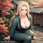 1girl 1girl ai_generated blonde_hair cleavage clothing female_only light-skinned_female light_skin long_hair looking_at_viewer mature_female naruto naruto_shippuden outside sitting tsunade untoldcreate