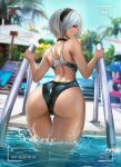 1girl 1girl 1girl alluring ass ass_focus back back_view big_ass felox08 female_focus female_only looking_at_viewer looking_back nier:_automata nier_(series) one-piece_bikini photo photo_(object) pool short_hair solo_female square_enix swimming_pool swimsuit thick_thighs water wet white_hair yorha_2b