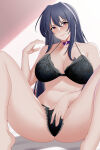 1girl akeno_himejima alluring aslind_samure aslindsamure big_breasts black_bra black_hair black_lingerie black_thong blush bra cleavage female_only floral_print glossy_lips high_school_dxd lingerie long_hair panties purple_eyes smile spread_legs tattoo underwear