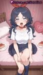 1girl 2025 ahegao ai_generated anime anime_style bangs bed big_breasts black_hair black_skirt black_socks blue_eyes blue_hair blue_panties blue_socks blush bow bow_hairband bra breasts bust cake cake_slice choker collar collarbone crazy_mita_(miside) female_focus female_only female_solo food hair_bow hair_ornament hair_scrunchie hairband hairclip heart heart-shaped_pillow heart-shaped_pupils heart_pillow hentai high_quality high_res high_resolution indoors kneehighs kneesocks long_hair looking_at_viewer looking_up low_twintails medium_breasts miniskirt miside mita_(miside) natsuyoru no_shoes on_bed open_mouth panties pantyshot parted_bangs patreon pillow plate pleated_skirt red_choker red_hairband red_ribbon ribbon scrunchie shirt short_sleeves sitting skirt socks solo_female stable_diffusion strawberry_shortcake_(food) striped striped_clothes striped_panties sweat symbol-shaped_pupils teeth thighs tongue tongue_out twin_tails underwear voluptuous voluptuous_female white_shirt