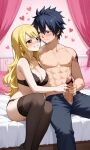 black_bra black_hair black_lingerie_panties blonde_hair curly_hair erection fairy_tail gray_fullbuster hearts huge_breasts imminent_sex long_hair lucy_heartfilia pants penis_out pixai topless_male