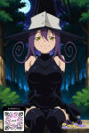 1girl 1girl 1girl :3 ai_generated bangs bare_shoulders big_breasts black_dress black_headwear black_legwear black_thighhighs blush breasts closed_mouth clothing detached_sleeves dress elbow_gloves forest gloves hair_between_eyes halloween hat headwear legwear littlehentai long_hair looking_at_viewer moon nature night night_sky outside pov purple_hair savitar savitar_(artist) sky smile spellcaster standing stockings thighs tree witch witch_hat yellow_eyes zettai_ryouiki