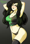 1girl 1girls adult_female alternate_costume arms_behind_head arms_up artist_name bare_arms big_breasts black_hair blush breasts cleavage closed_mouth clothing collarbone curvy dated disney disney_channel female_only female_solo gradient gradient_background green_eyes grey_background hair half-closed_eyes kim_possible legs lips long_hair looking_at_viewer midriff mina_cream minacream navel neck panties serious shego shirt standing stockings thick_thighs thighs villainess