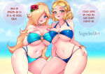 2_girls absurd_res alluring beach big_breasts bikini blonde_hair blue_bikini blue_eyes blue_gemstone blush braid breast_press cleavage collarbone commentary_request crossover crown_braid day earrings english_text fingernails flower gem green_eyes hair_flower hair_ornament hair_over_one_eye hand_on_own_chest hand_on_own_hip high_res jewelry long_hair looking_at_viewer mario_(series) medium_hair multiple_girls navel nintendo o-ring o-ring_bikini open_mouth outside pendant pointy_ears princess_rosalina princess_zelda red_flower single_earring stomach sugarbell super_mario_galaxy swimsuit the_legend_of_zelda the_legend_of_zelda:_tears_of_the_kingdom thighs very_long_hair water