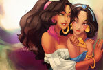 2_girls against_wall aladdin_(1992_disney_film) aladdin_(series) arabian_clothes arabian_female arm_around_neck bangs bare_shoulders behind_another black_hair blush bracelet breasts brown_eyes cleavage clenched_hand closed_mouth couple crossover dark-skinned_female dark_skin disney disney_princess duo earrings ehryel esmeralda eye_contact flirting gipsy green_eyes grin half-closed_eyes hand_up hands_up harem_outfit hoop_earrings hug_from_behind hugging jewelry lips lipstick long_hair looking_at_another looking_back love makeup medium_breasts multiple_girls mutual_yuri neck necklace off_shoulder parted_bangs parted_lips princess princess_jasmine red_lipstick revealing_clothes smile the_hunchback_of_notre_dame thick_eyebrows yuri