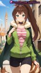 1girl 1girl 1girls 2025 ai ai_generated anime anime_style aqua_eyes bangs big_breasts big_breasts black_choker black_shorts blue_sky blush breasts brown_hair building bust cape choker closed_mouth collarbone cowboy_shot day female_focus female_only fur-trimmed_cape fur_trim green_cape green_eyes green_jacket hair_intakes hand_on_own_chest hand_up hentai high_ponytail high_quality high_res high_res high_resolution jacket jewelry kono_subarashii_sekai_ni_shukufuku_wo! long_hair long_sleeves looking_at_viewer natsuyoru open_clothes open_jacket outside partially_unzipped patreon pink_shirt ponytail raccoon_tail rin_(konosuba) shirt short_shorts shorts sky smile solo_female stable_diffusion standing striped striped_clothes striped_shirt tail thigh_gap tshirt voluptuous voluptuous_female zipper zipper_pull_tab