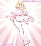 1girl 1girls 2025 ass barefoot blonde_hair blush chickpea digital_drawing_(artwork) feet female_only from_below gi glasses hong_kong_phooey looking_at_viewer martial_arts_uniform one_leg_up panties pinup rosemary_(hong_kong_phooey) simple_background smile solo_female